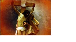 Cristo in croce e uomo che lo abbraccia
